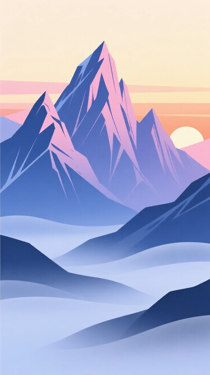 A dawn view of jagged mountain peaks, with layers of mist rolling through the valleys below.