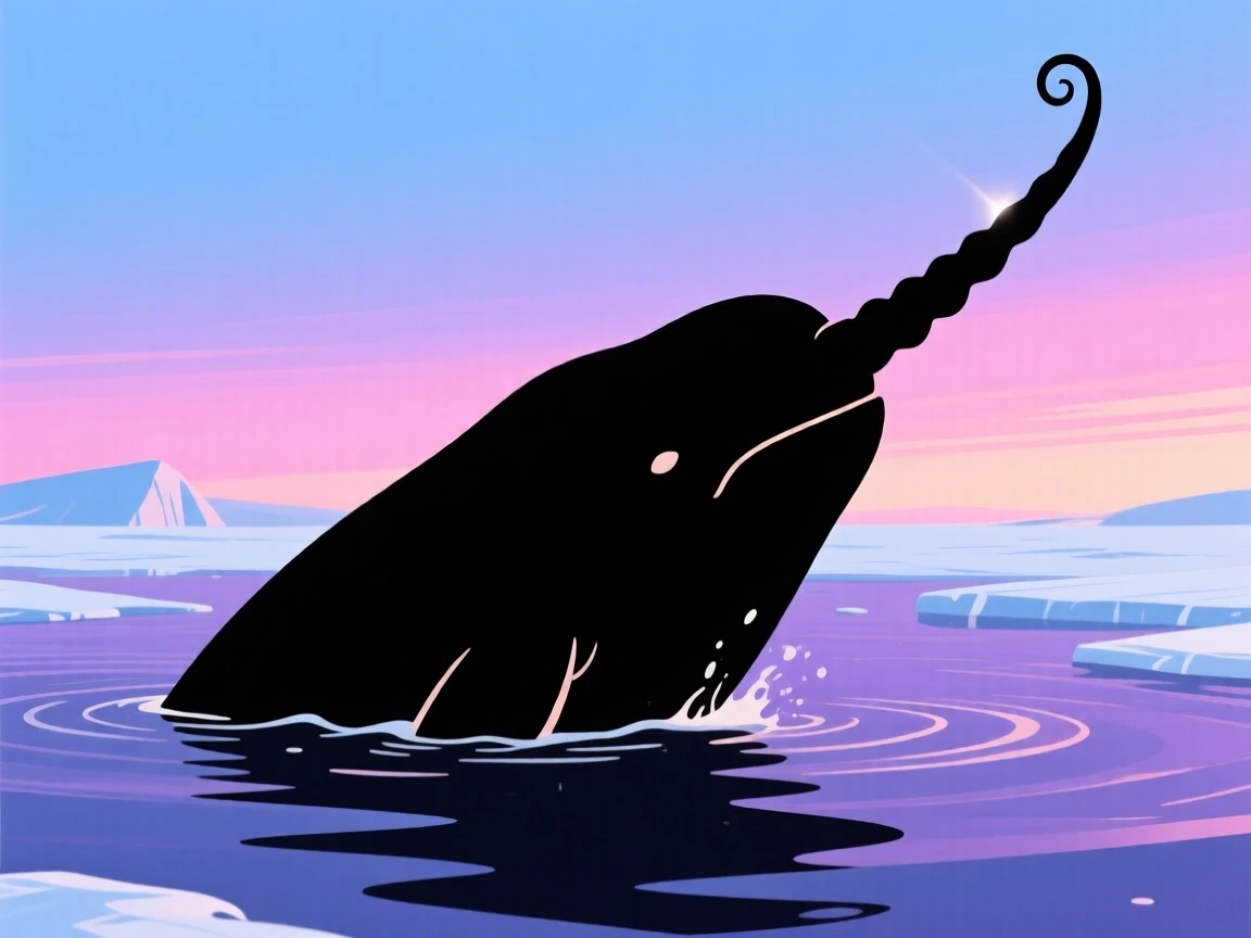A narwhal breaking the surface of arctic water, its long spiraled tusk catching the light.