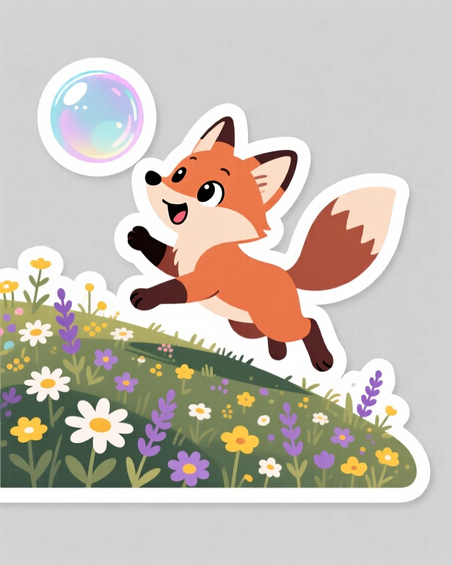 A sparkly-eyed baby fox chasing a floating soap bubble, atop a hill covered in wildflowers.