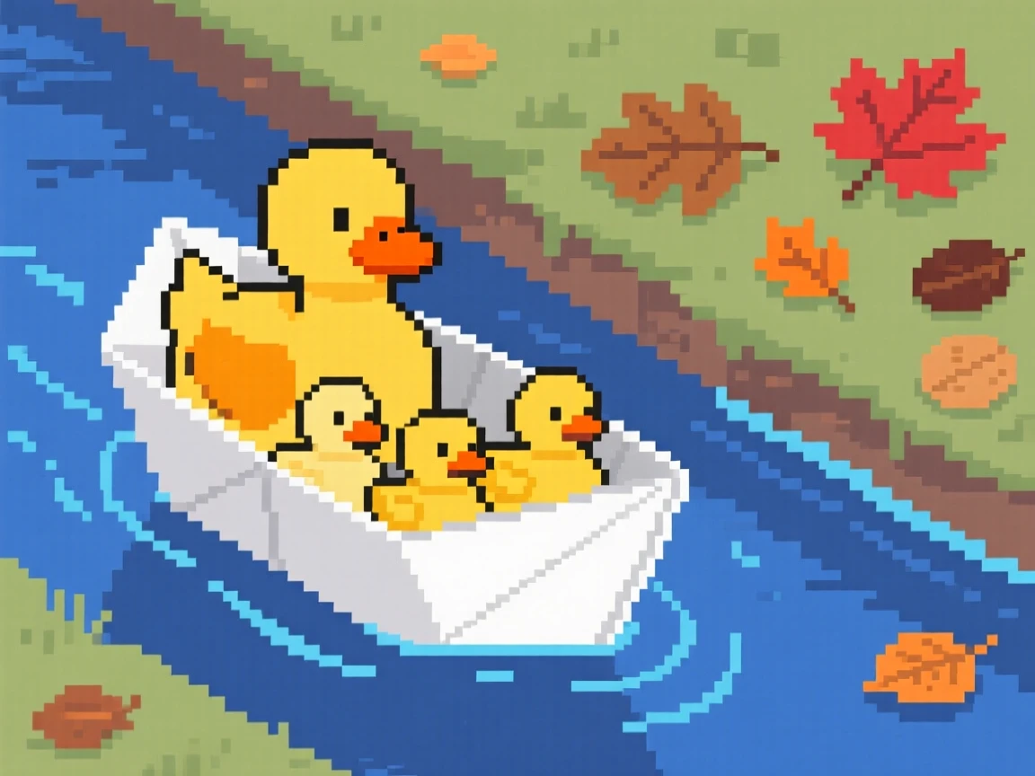 A mother duck and her ducklings riding a paper boat down a stream, on a riverbank scattered with fallen leaves.