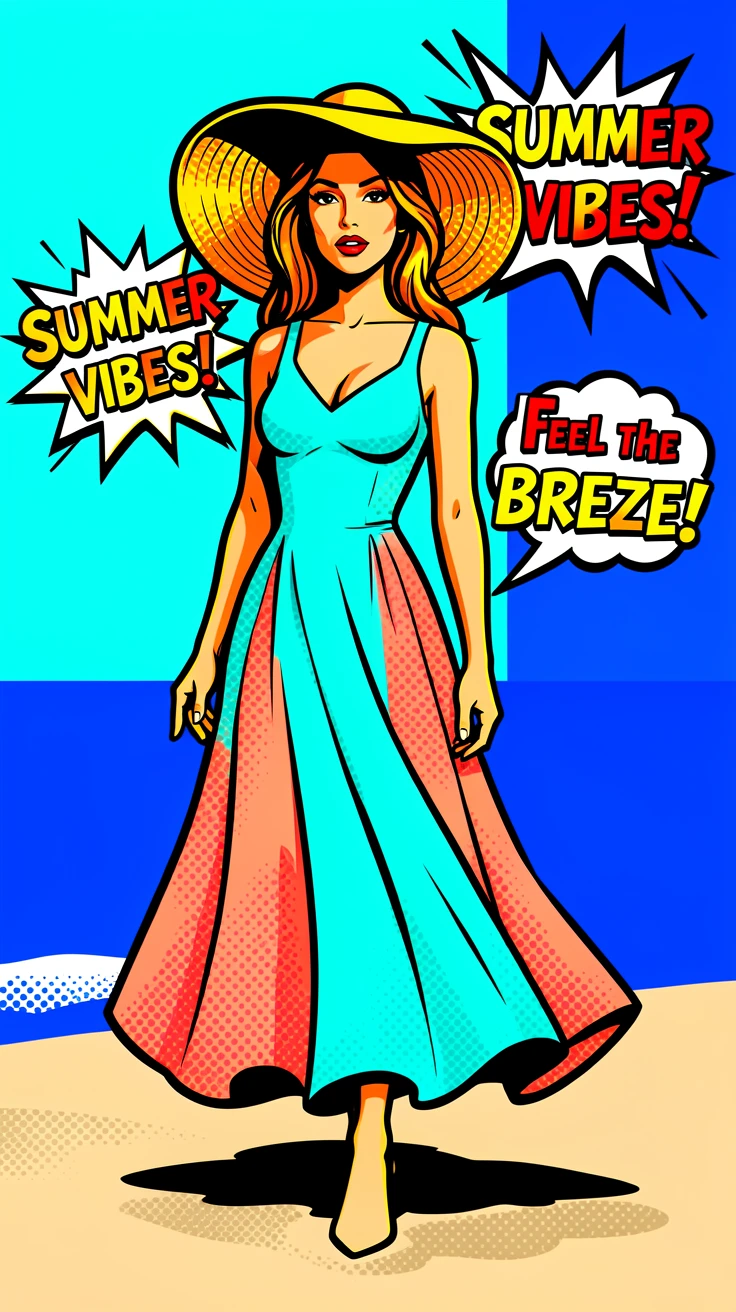 A model wearing a sun hat and flowing dress on a beach