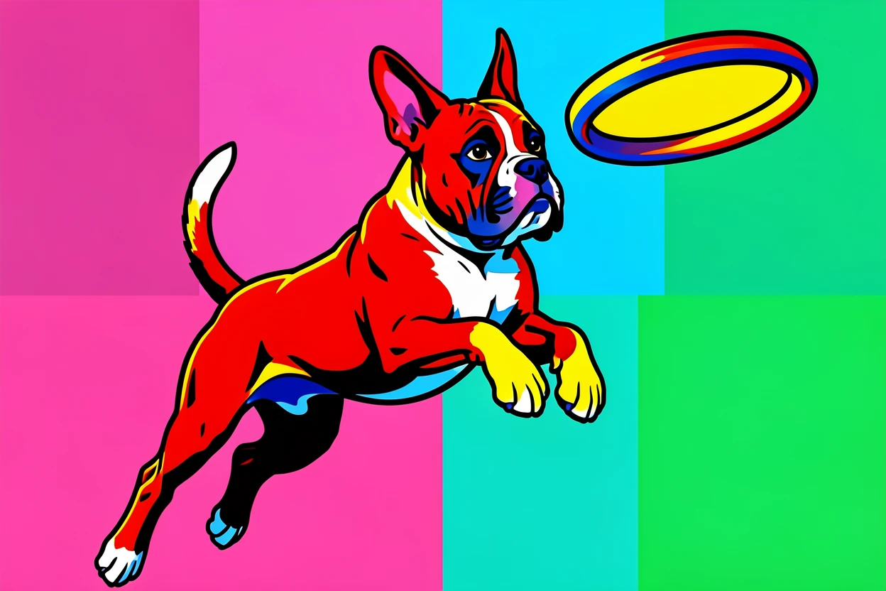 Boxer dog mid-jump catching a frisbee
