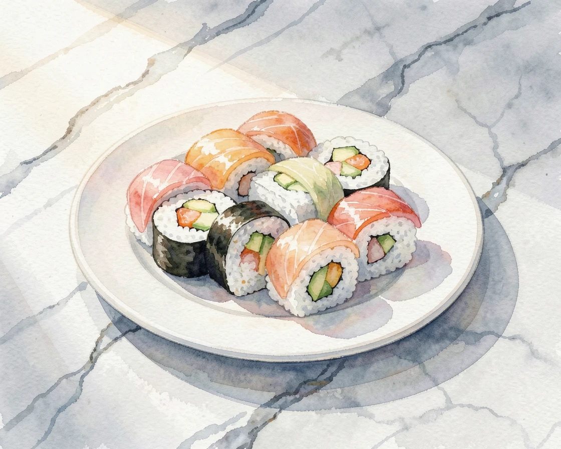 A plate of colorful sushi rolls on a marble countertop.