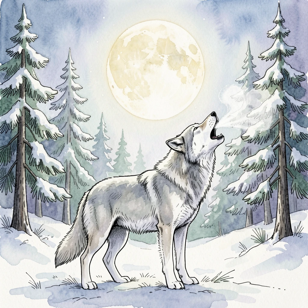 A wolf standing at the edge of a snowy forest, breath visible in the cold air, howling toward a full moon