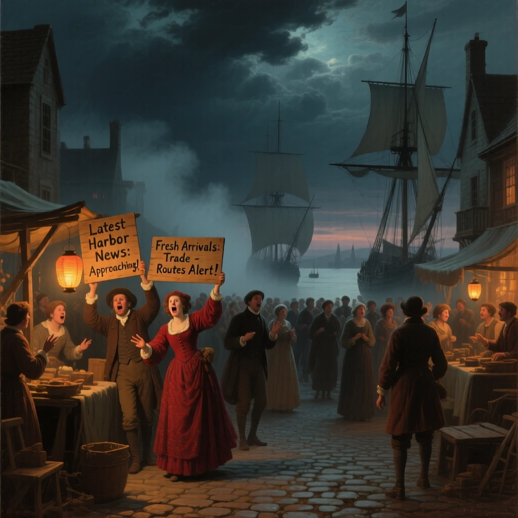 A crowd of merchants announces news in a lantern-lit night market as fog rolls in from the harbor.
