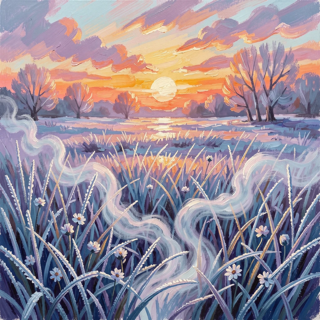 A frost-covered meadow at sunrise, breath visible in the cold morning air.