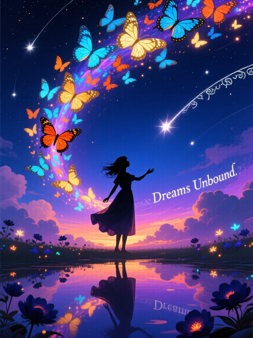 A comet trailing a ribbon of glowing butterflies across the sky illuminates a single figure standing in awe beneath it, as shooting stars trace slow arcs across the darkness.