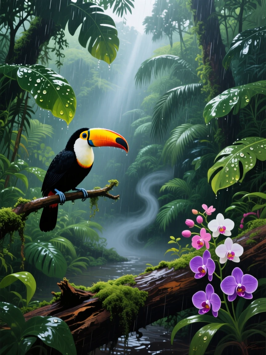 A dense tropical rainforest canopy in Costa Rica drips with recent rain, a toucan perched on a low branch, orchids blooming from a fallen log, mist rising from the lush undergrowth below.
