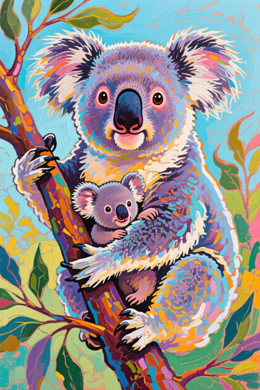 A koala clutching a eucalyptus branch with a joey peeking out from its pouch