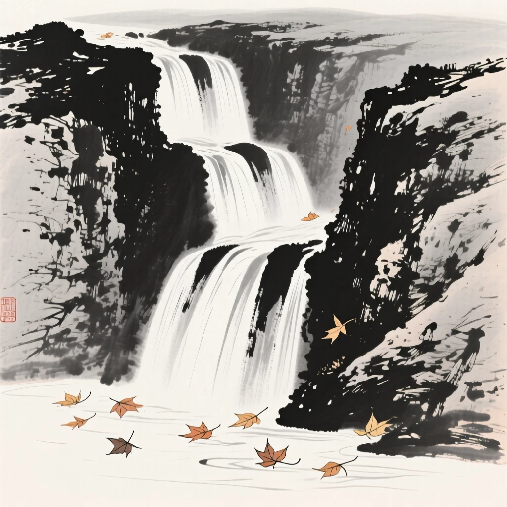 a series of cascading falls stepping down a cliff, with autumn leaves drifting on the current.
