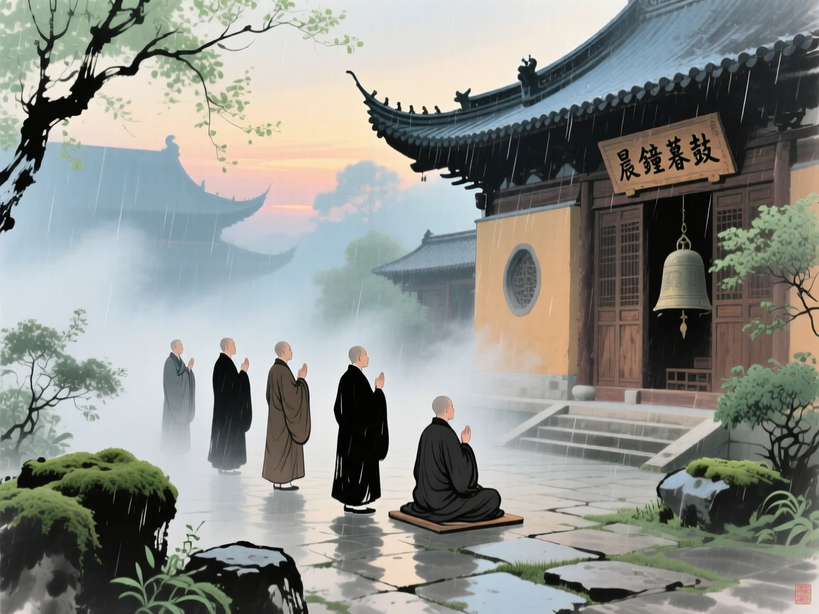A group of monks chanting at dawn in a mist covered monastery courtyard, through a curtain of fine rain, at dusk, in early spring.