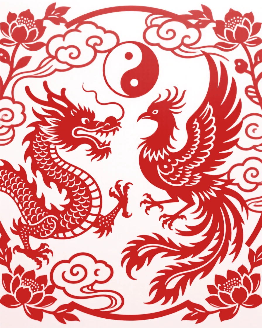 A dragon and phoenix facing each other amid swirling clouds, symbolizing the union of yin and yang
