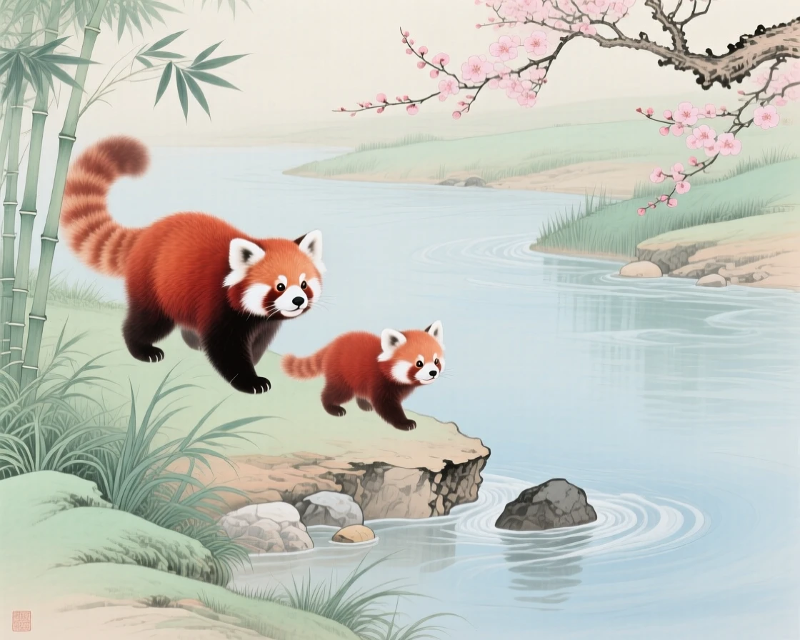 A red panda following its mother along a riverbank