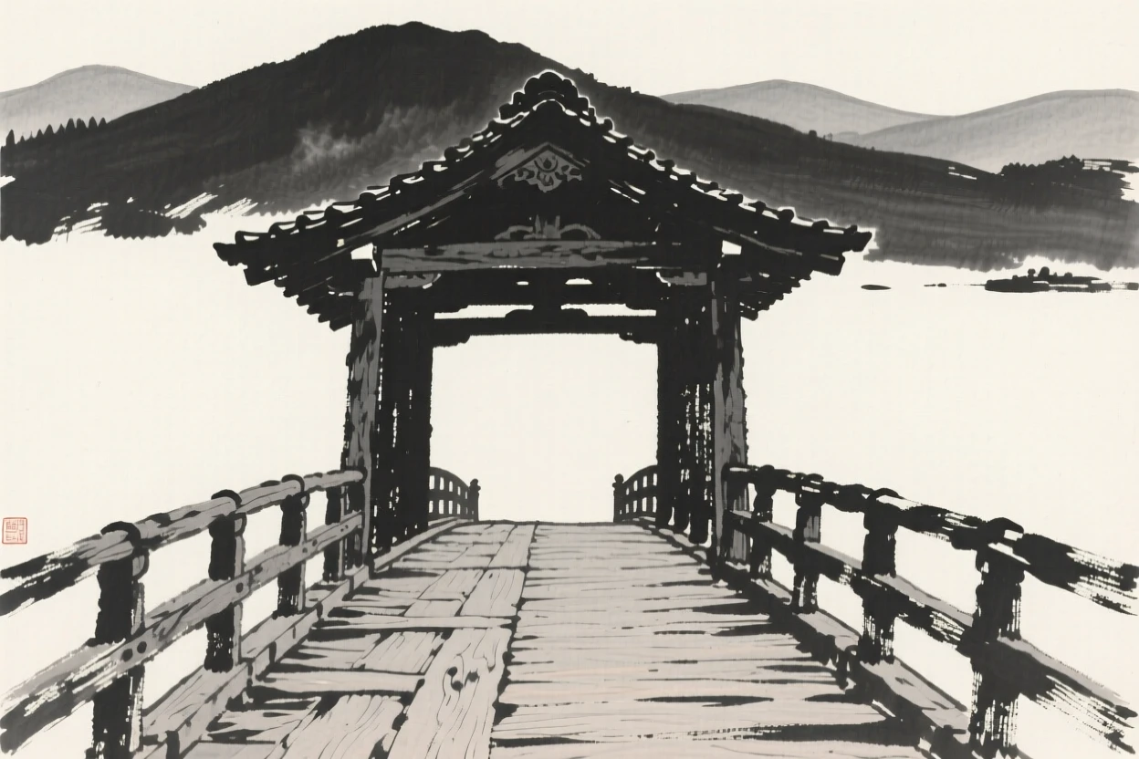 An old covered wooden bridge against a backdrop of distant mountains, framed symmetrically along a central path, conveying quiet reverence for the past.