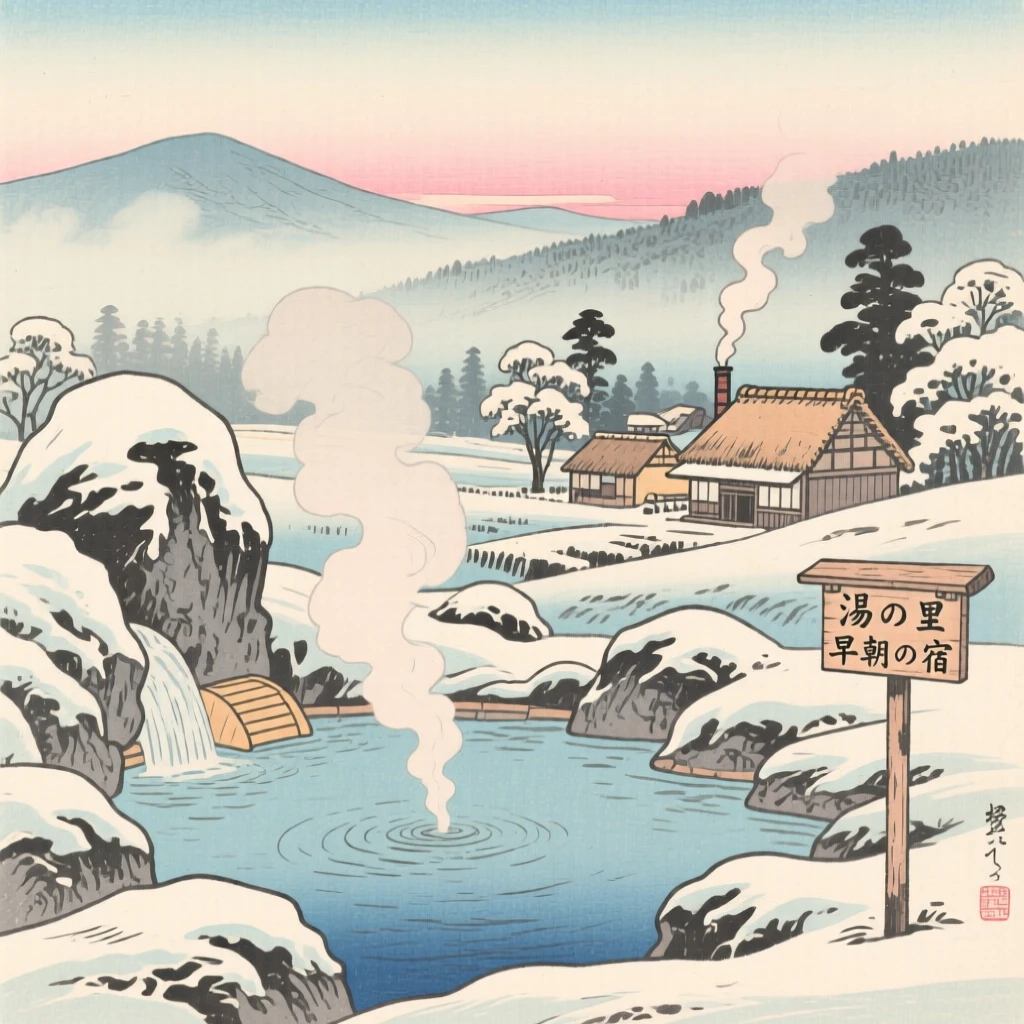 A hot spring nestled in snowy rock, rising above a quiet farming village, in the soft glow of early morning.