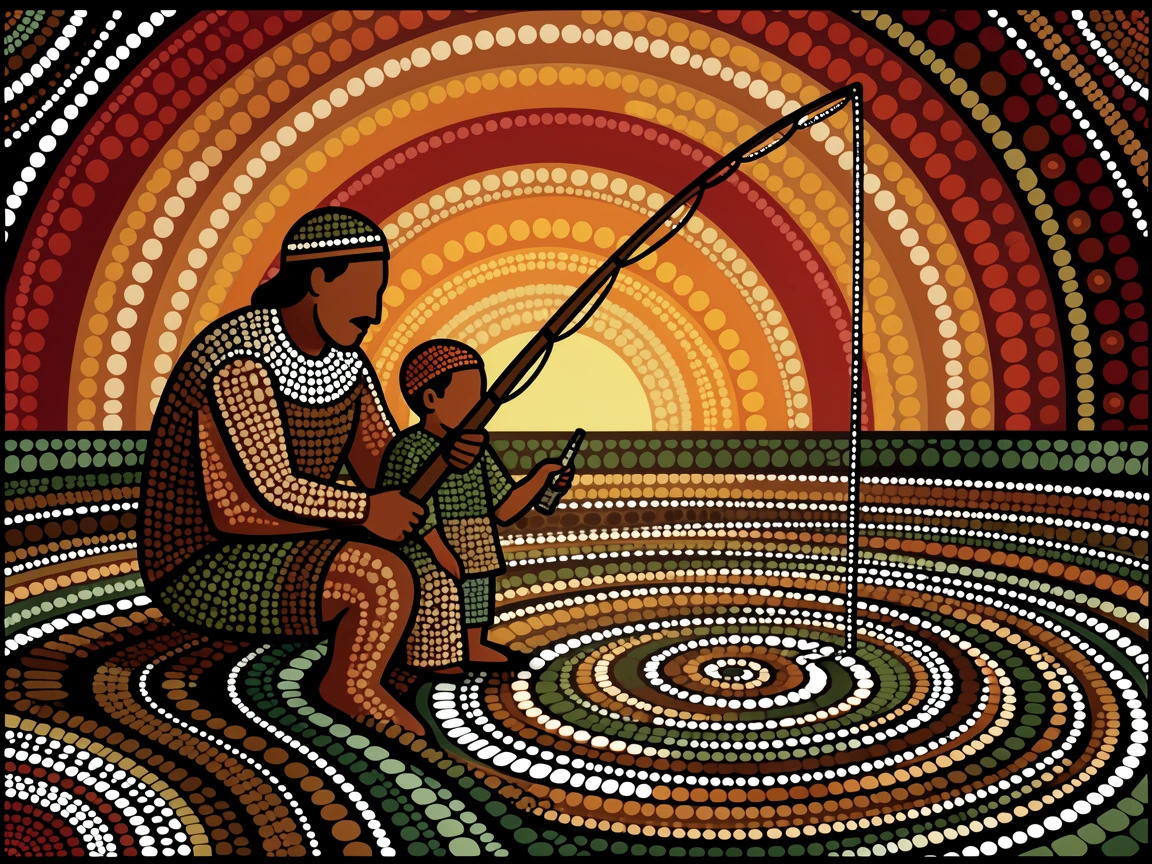 A father teaching his son to fish at sunset