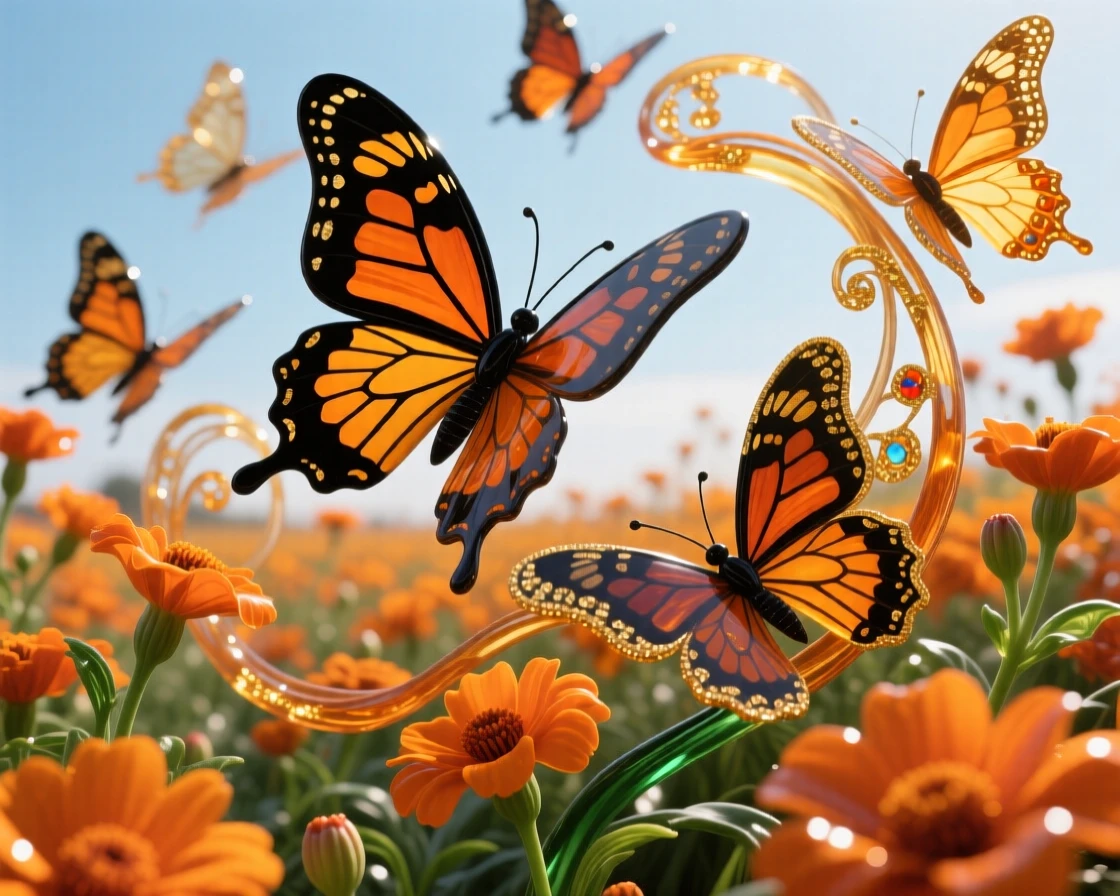 A monarch butterfly migration swirling above a field of orange marigolds, vibrant and hypnotic.