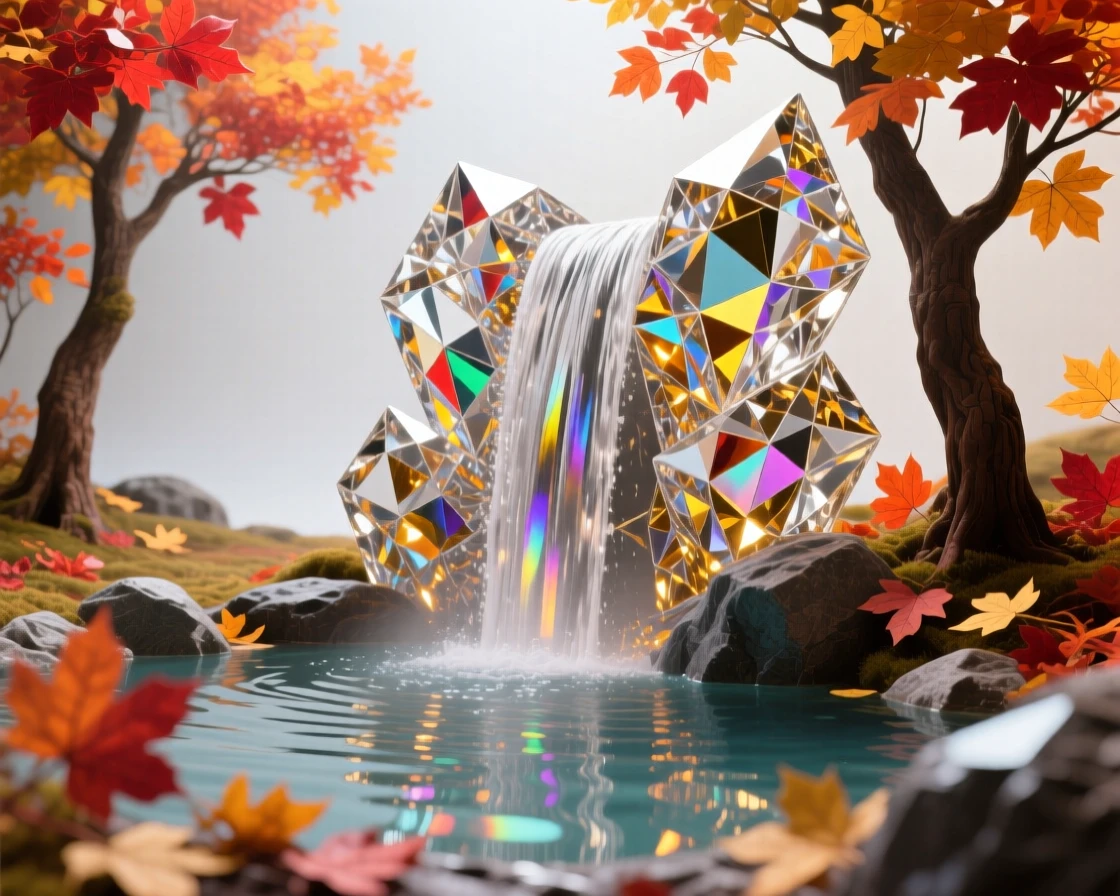 A hidden waterfall pouring into a hot spring surrounded by autumn foliage.