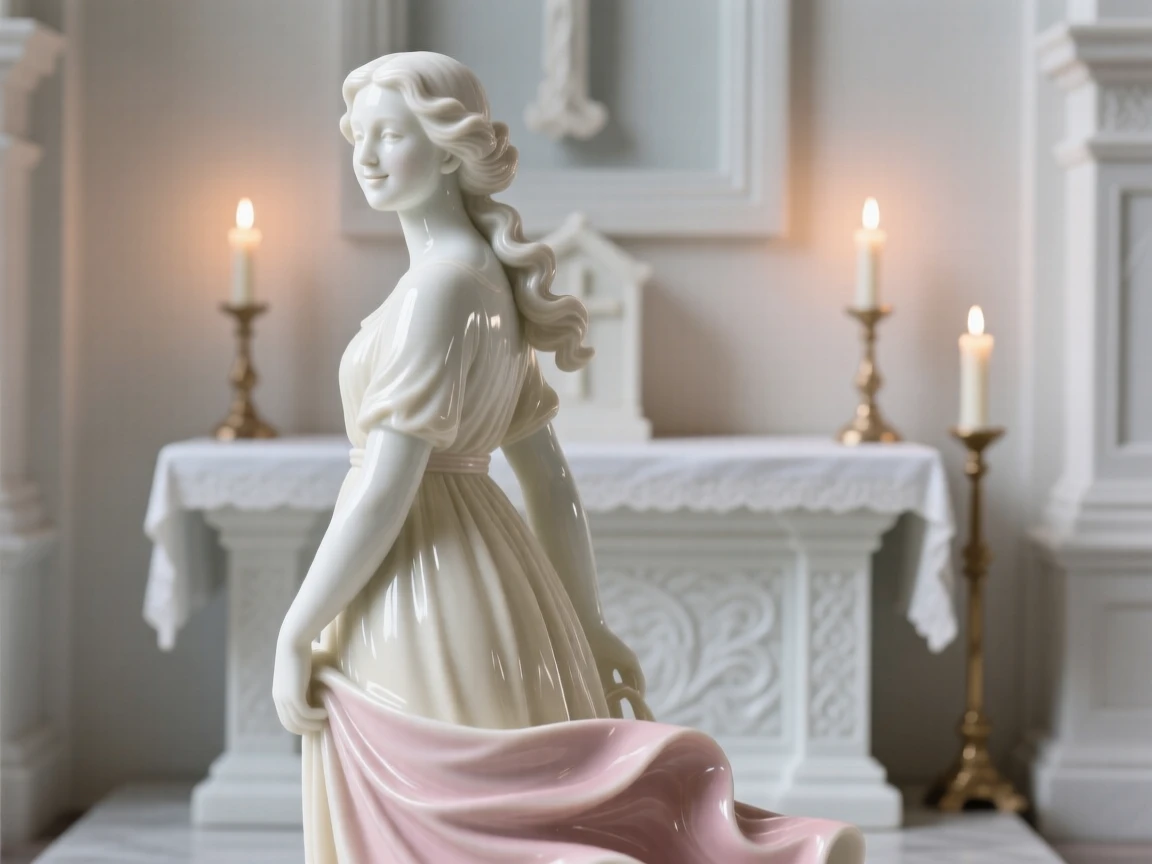 A poised traveler looking over her shoulder with a soft smile in a candlelit chapel, light catching the folds of her dress.