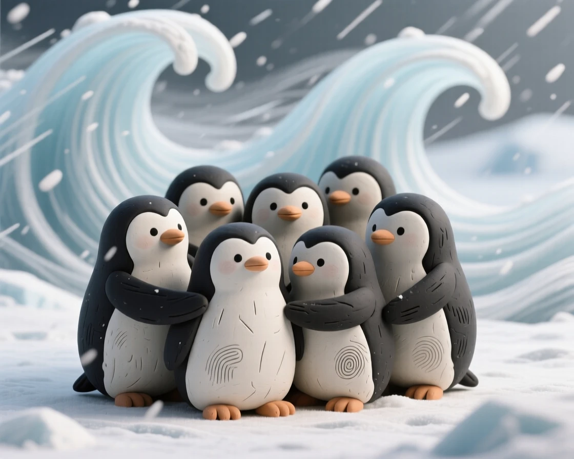 A penguin colony huddled together against a swirling Antarctic blizzard