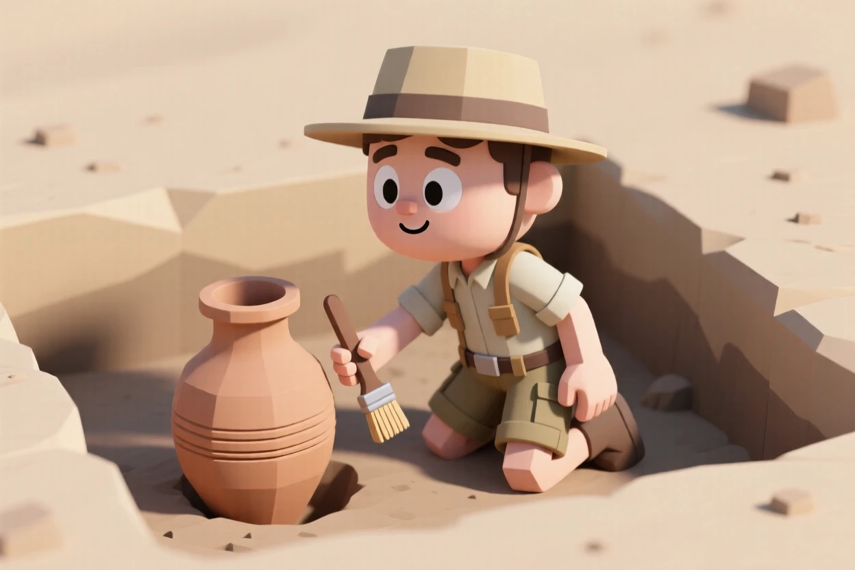 A curious archaeologist brushes dirt away from an ancient clay pot, kneeling carefully inside a sun-baked excavation pit.