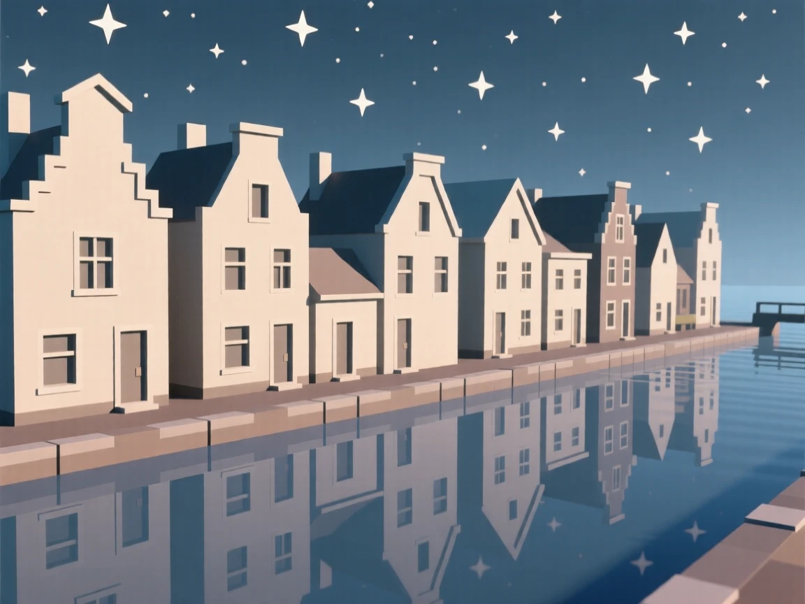 A row of vibrant canal houses reflected in still water, beneath a sky full of stars. the framing draws the eye along a natural leading line. A gentle, welcoming warmth fills the air.