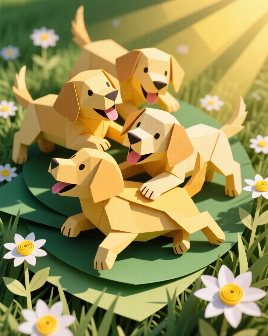 A litter of golden retriever puppies tumbling over each other in a sunlit meadow full of daisies, their fur glowing in the warm afternoon light, capturing pure joyful chaos.
