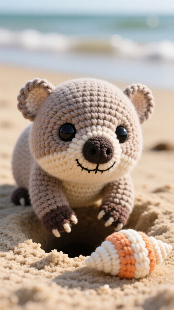 A heartwarming close-up of a baby wombat, with a round rump and short legs, digging a small burrow with its front paws in a sandy beach at low tide; a smooth striped seashell close by completes the scene, radiating a moment of pure innocent joy.