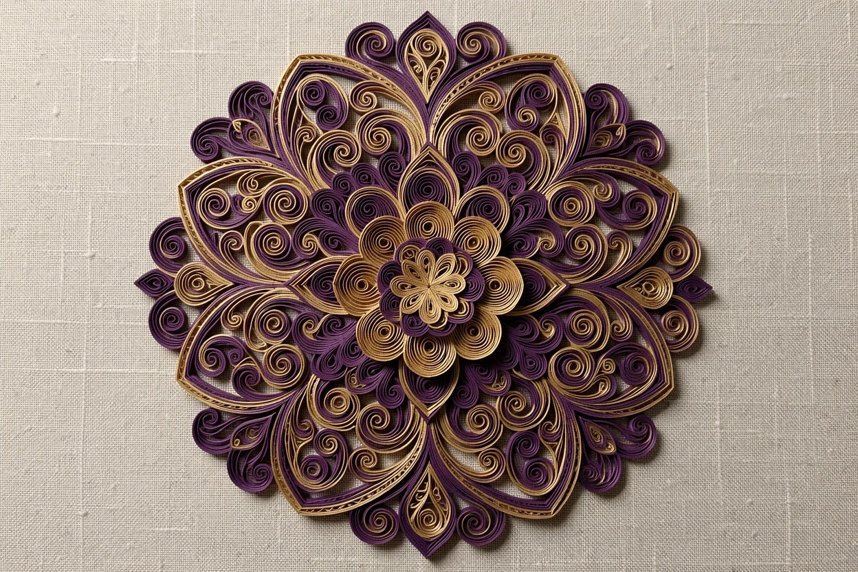 an ornate mandala radiating from a central rosette, displayed on a textured linen backdrop, spiraling outward in a hypnotic rhythm, in rich plum and antique gold hues.