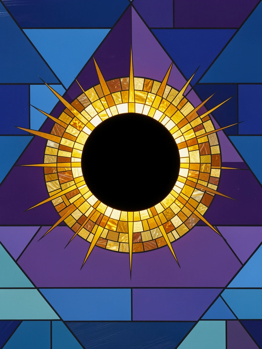 A dramatic solar eclipse with a glowing golden ring around darkness, rendered in vivid deep color with luminous detail.