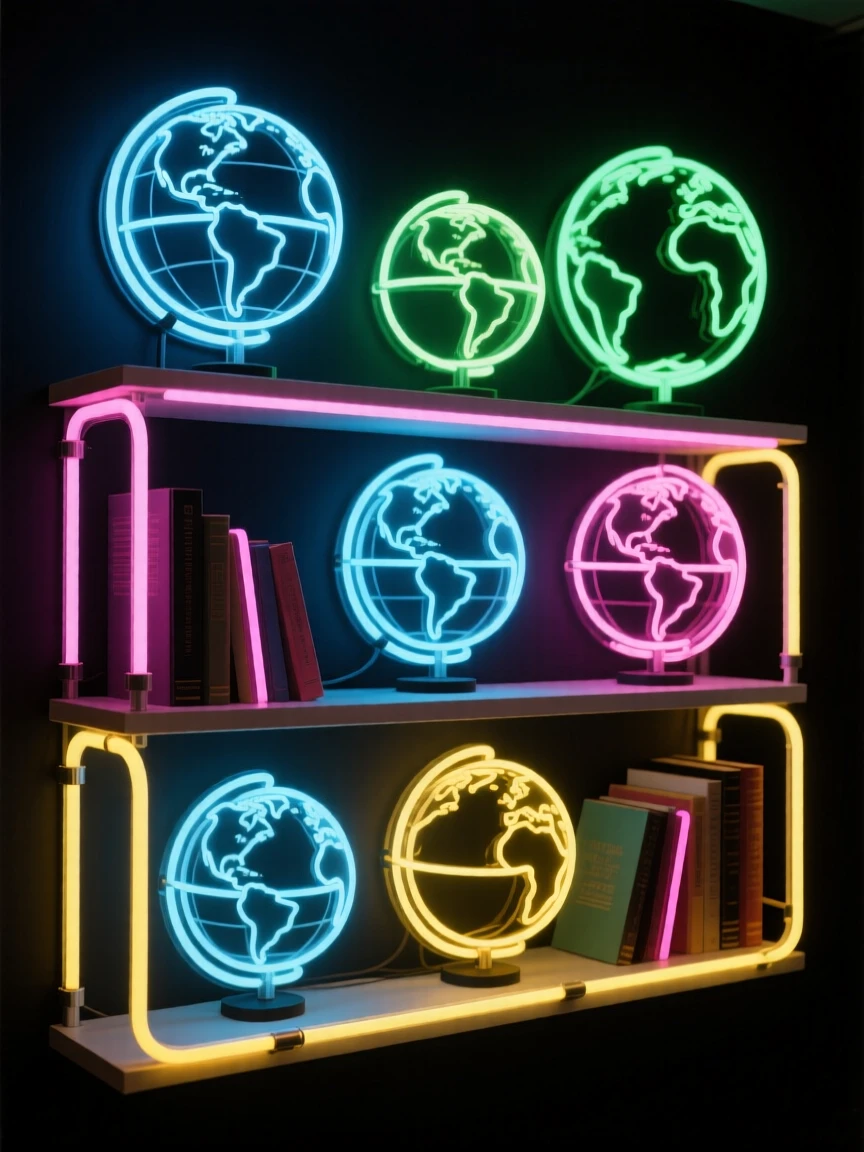 A collection of globes of different sizes arranged on a bookshelf.