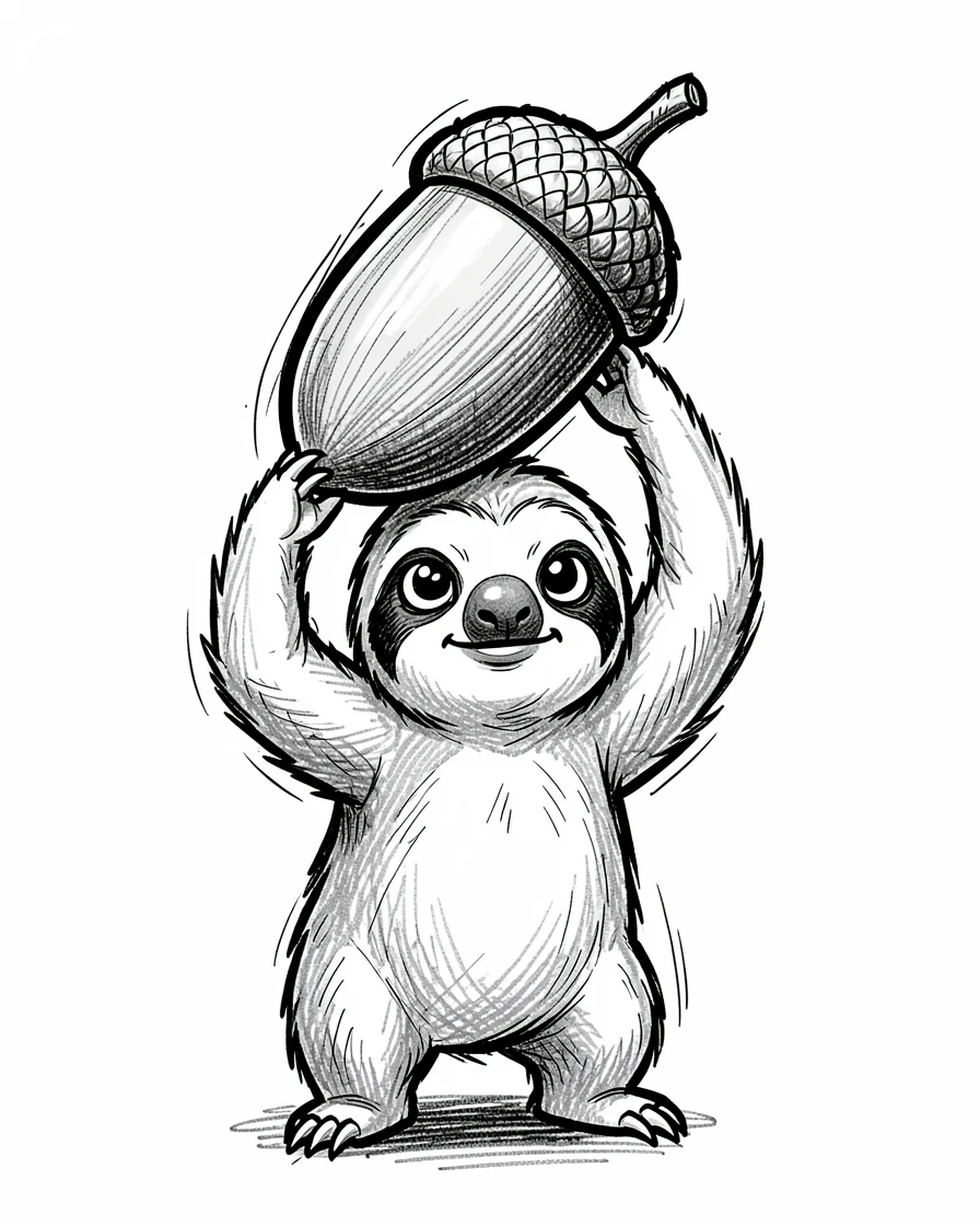 A baby sloth balancing a giant acorn on its head.