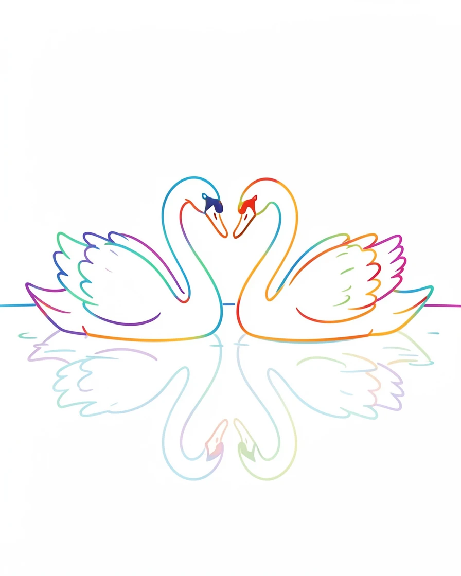 A pair of swans forming a heart shape with their necks on a still lake.