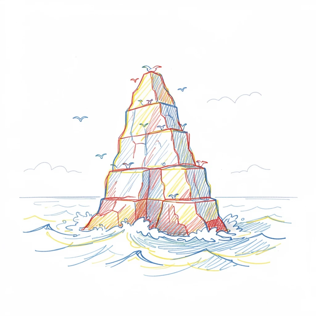 A coastal sea stack rising from crashing waves, seabirds nesting on its ledges