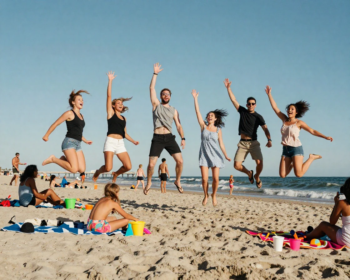 A group of friends takes a chaotic group photo mid-jump on a beach.