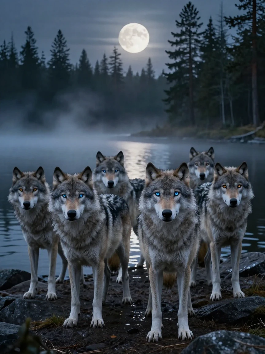 A pack of moonlit wolves with glowing eyes standing along the shores of a glowing lake