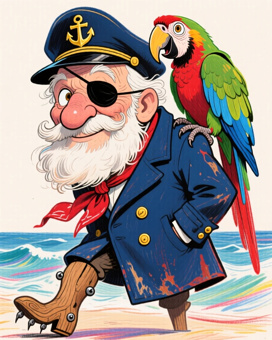 A retired sea captain with a peg leg, eyepatch, and parrot perched on his shoulder.