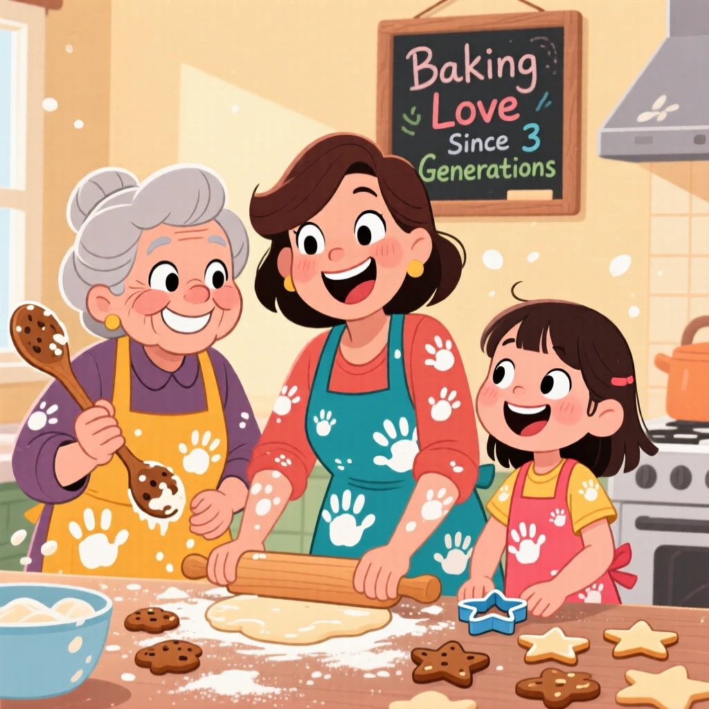 A heartwarming scene of three generations of women baking cookies together, flour handprints on their aprons and giggles on their faces.