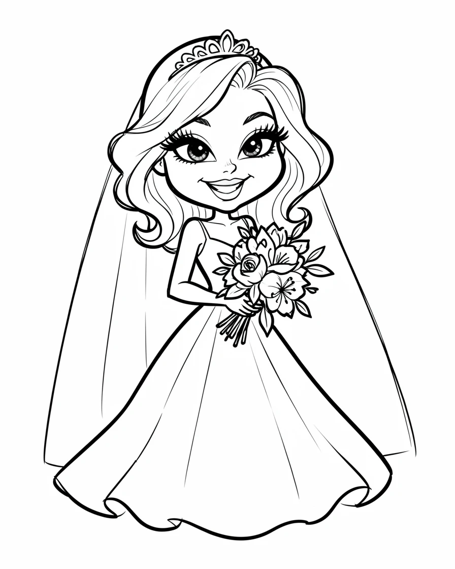 [People Portraits & Characters] Portrait of a glamorous bride in a flowing white gown holding a bouquet, full of personality and charm
