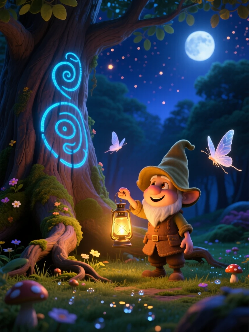 A tiny gnome gardener stands beside an ancient tree with glowing runes carved into its bark, lighting a lantern that hovers in the air. A magical, wondrous stillness fills the scene, with delicate wings catching the moonlight.