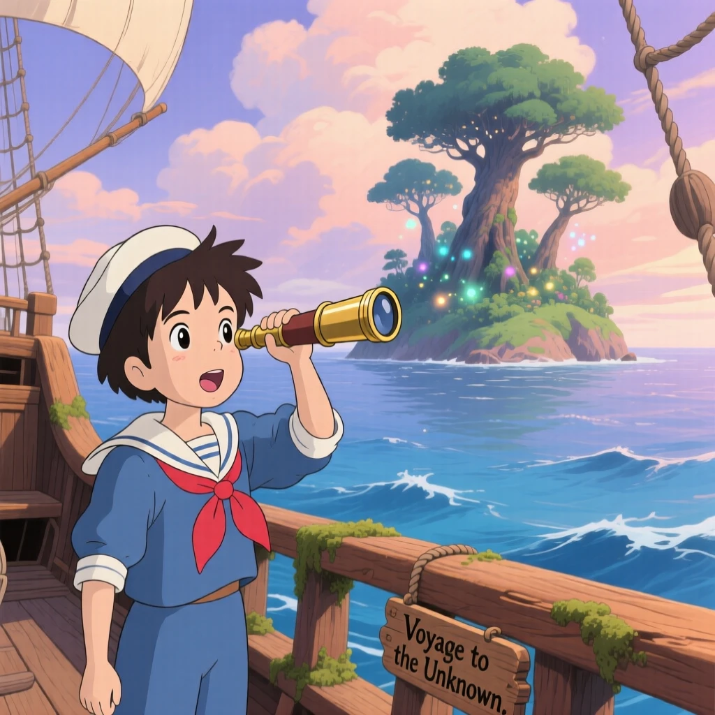 A sailor spotting a distant uncharted island through a spyglass, the moment thrilling and full of wonder.