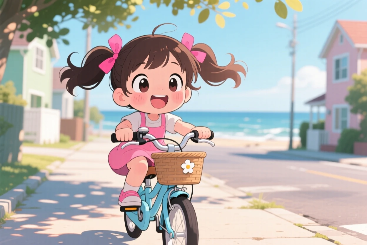 In a quiet suburban sidewalk, a young girl with pigtails is riding a wobbly bicycle for the first time on a breezy coastal afternoon, bathed in dappled sunlight through a canopy, expression full of giggling amusement. Shot as an extreme close-up.