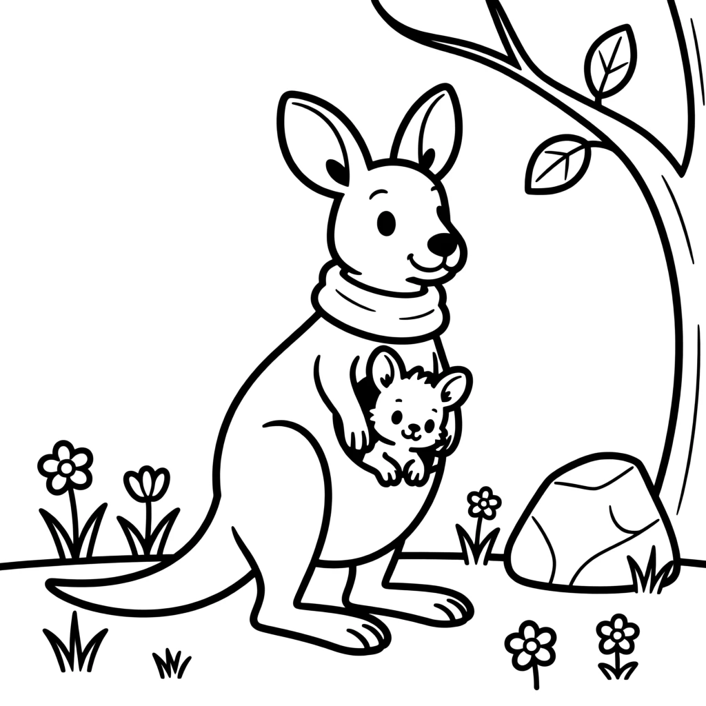 A baby kangaroo peeking out of its mother's pouch