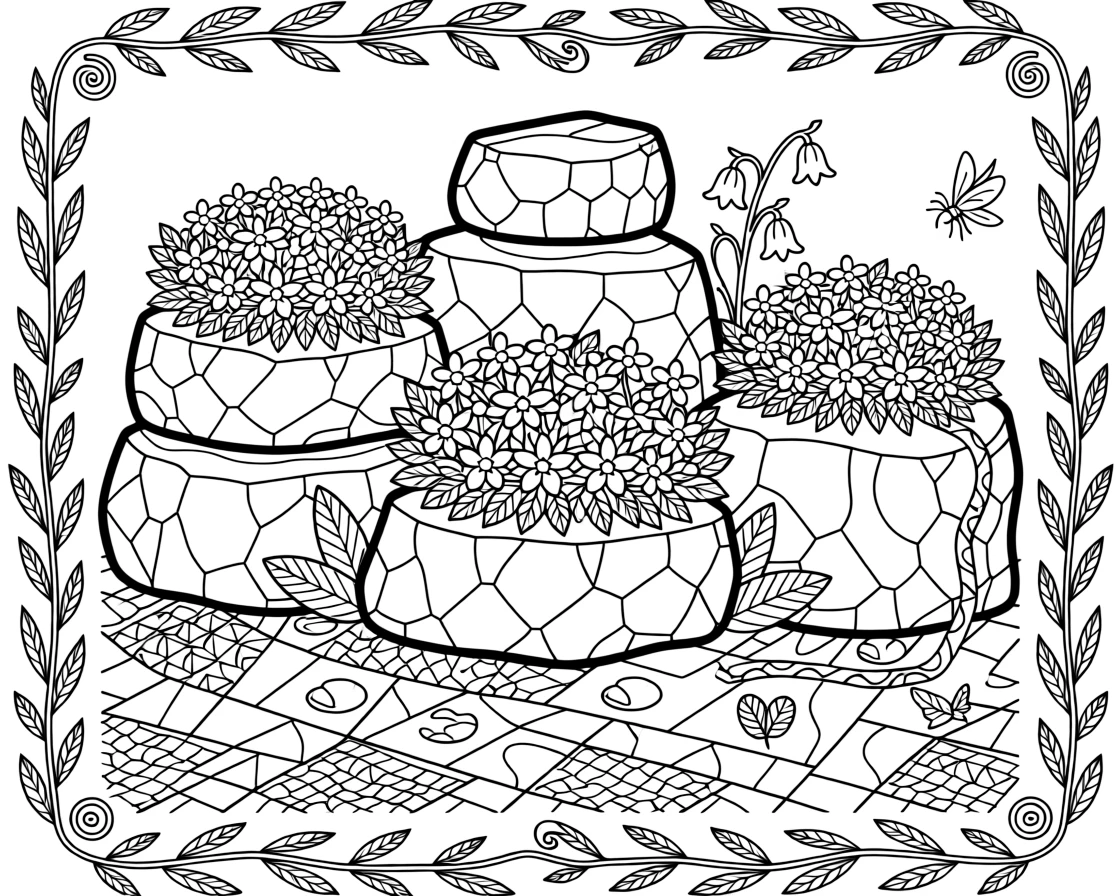 A rock garden with cushions of alpine flowers between stacked boulders.