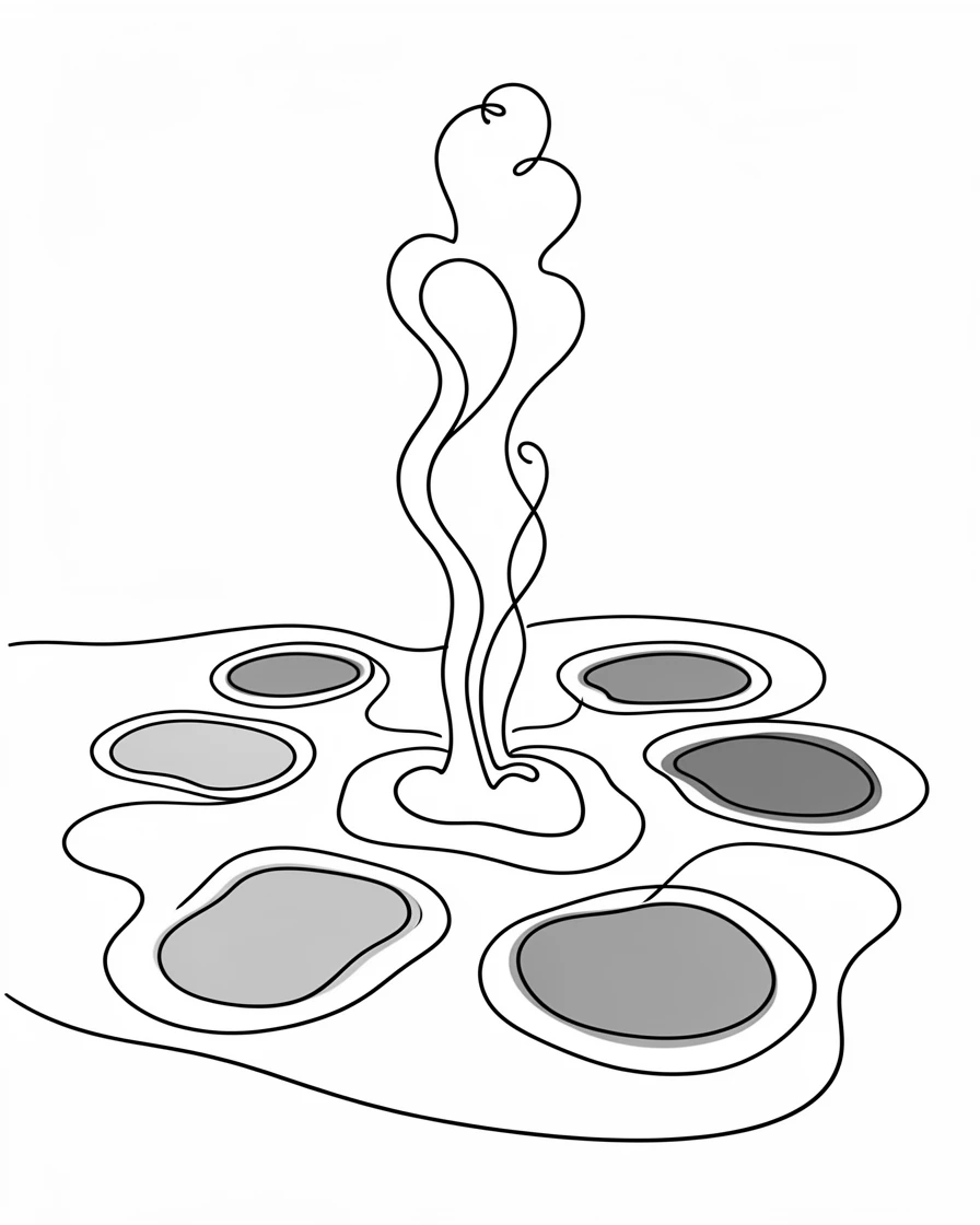 A steaming geyser erupting amid a field of colorful mineral pools