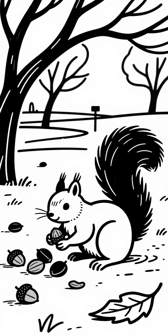 A squirrel gathering acorns in a park, cheeks puffed full.
