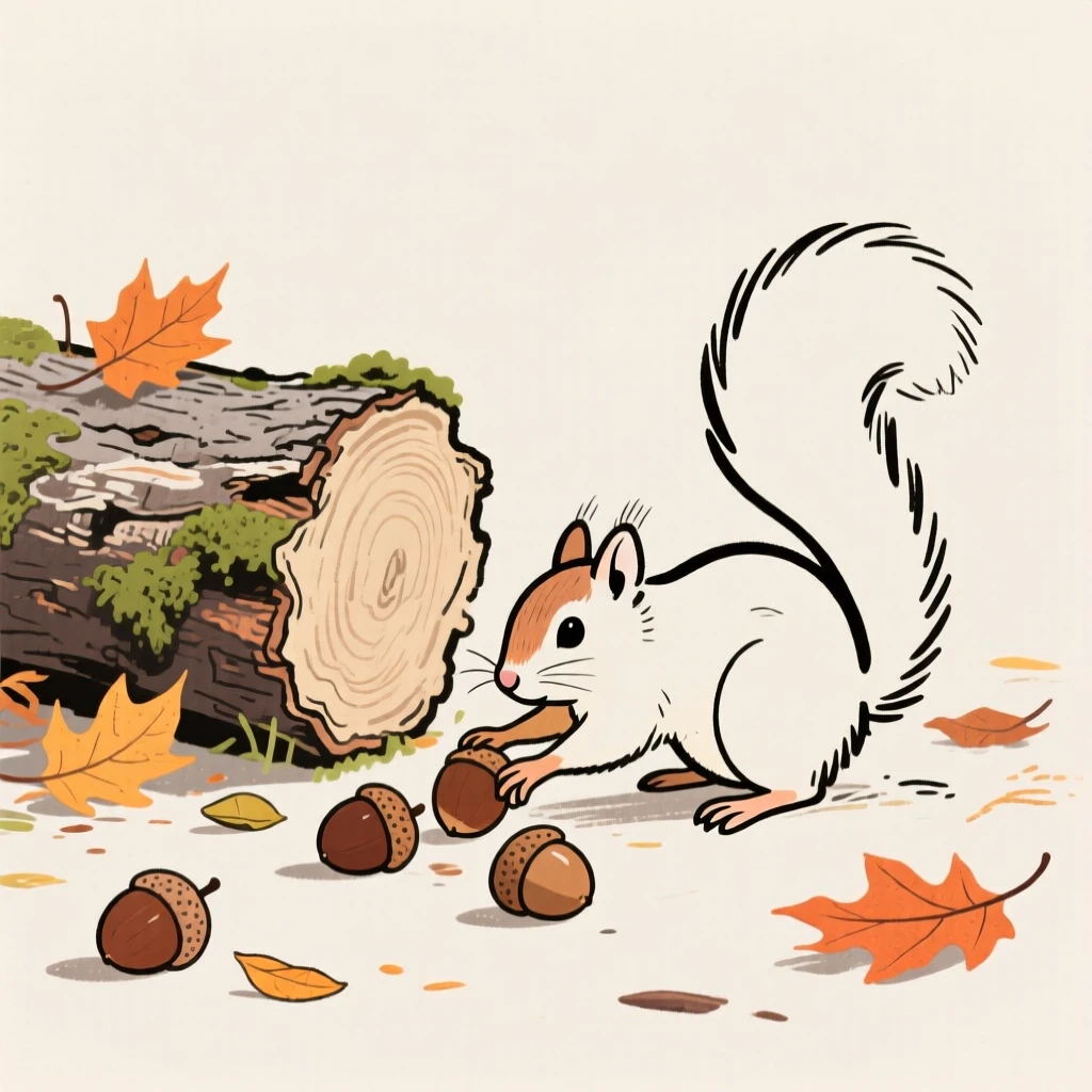 A chipmunk gathering acorns beside a fallen log in autumn.