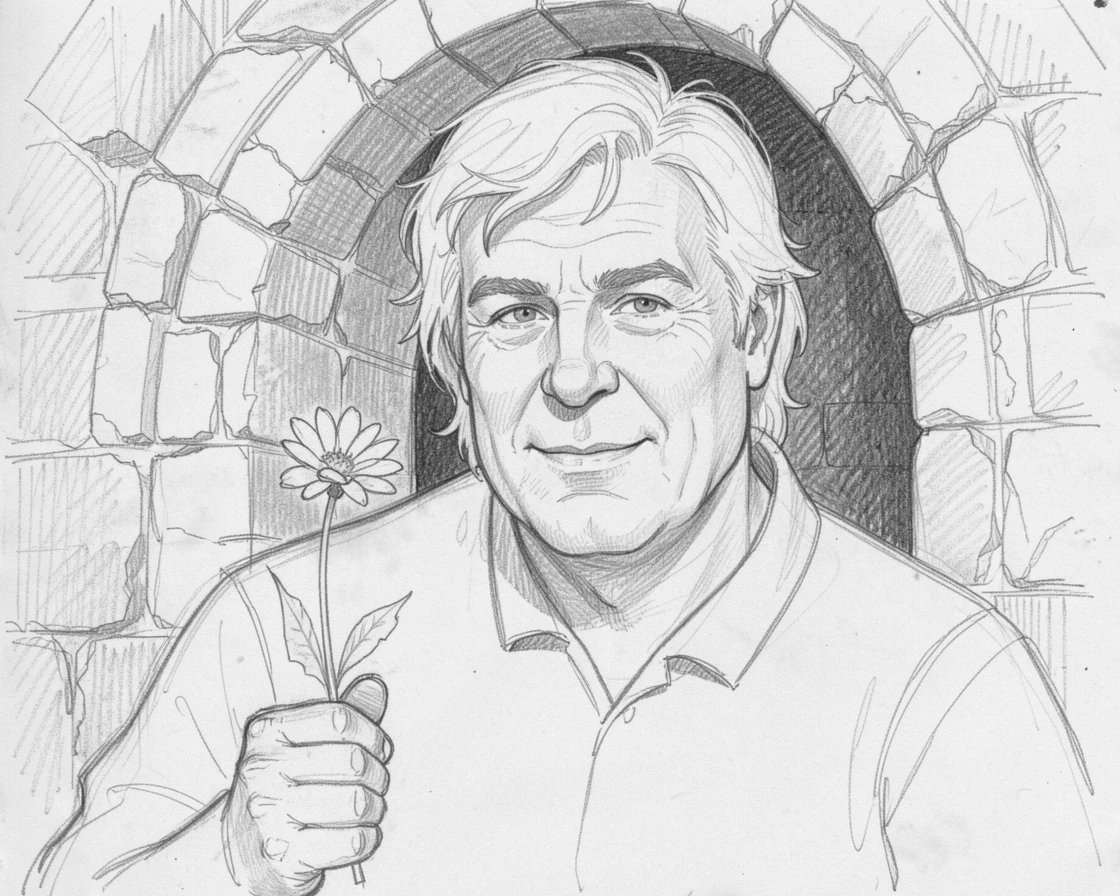 Close-up portrait of a gentle giant of a man near an ancient stone archway, holding a single wildflower.