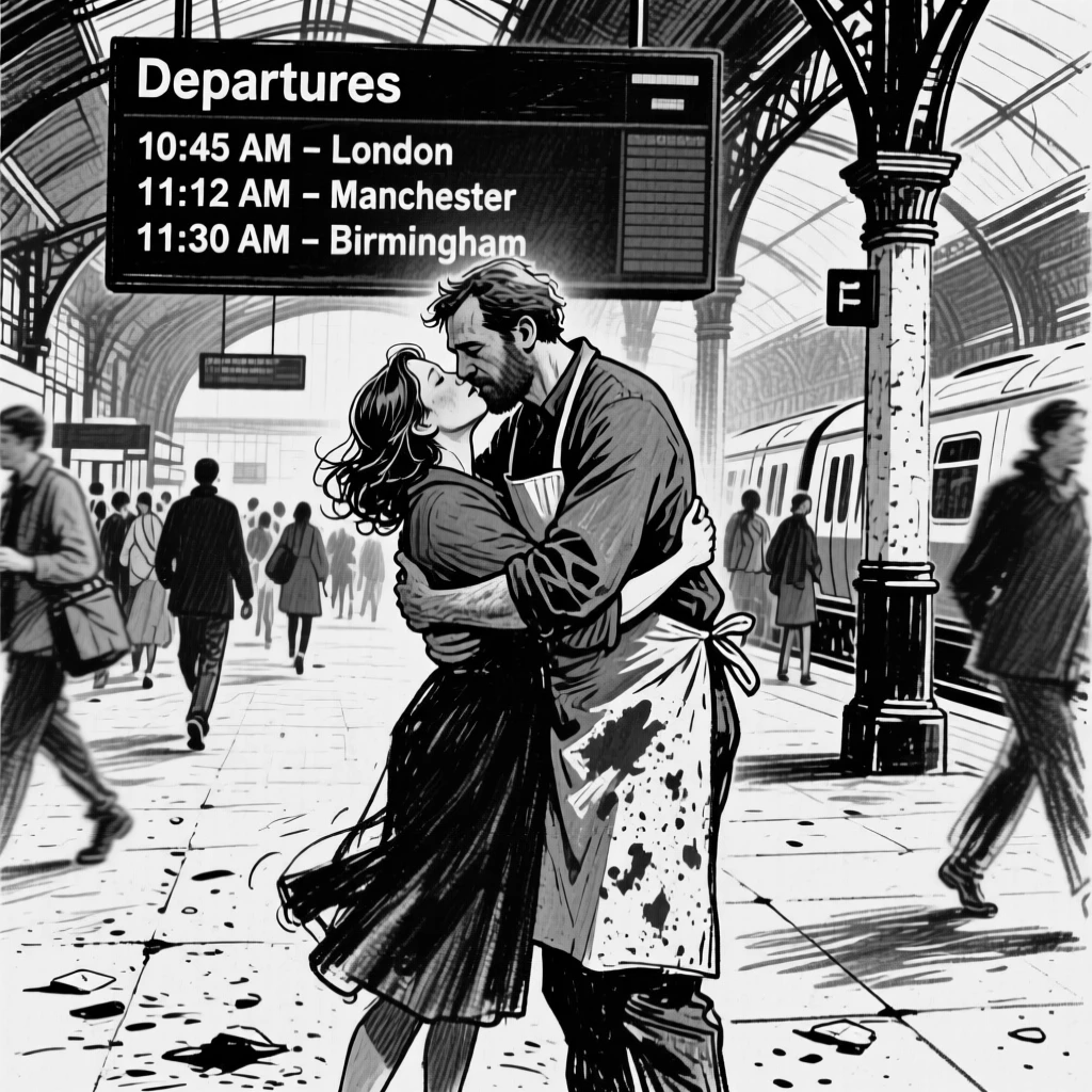 A potter embracing a loved one after a long separation, at a busy train station.