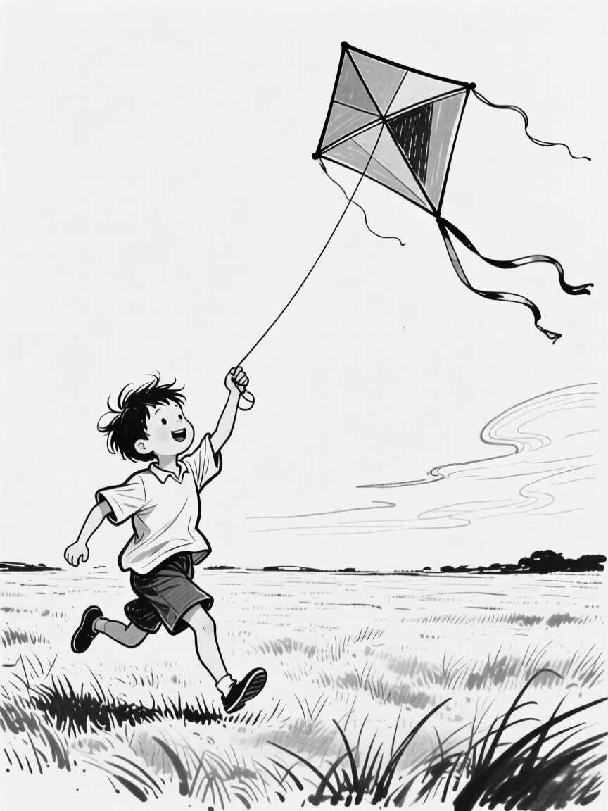 A boy flying a colorful kite in an open field beneath a wide sky.